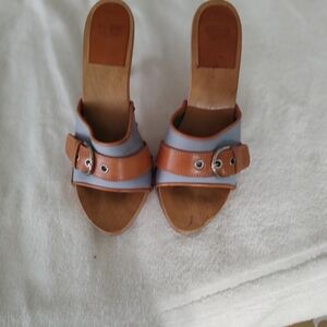 Coach Tan and Gray Mules with Buckle Detail